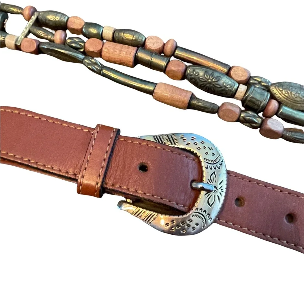The Limited Beaded Belt Womens Large Brown Leather Vintage‎ Multicolor 30-34